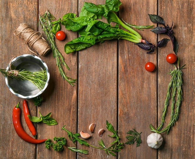 Fresh ingredients on wooden table